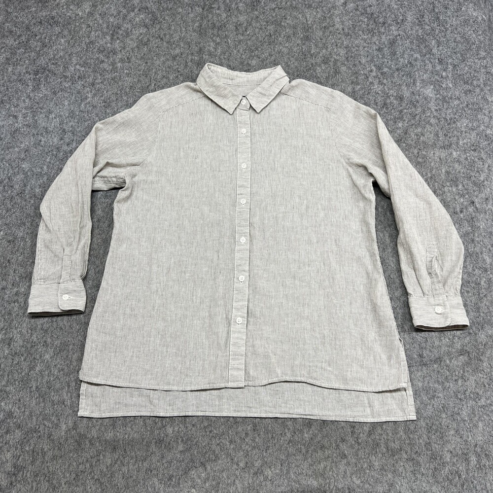 Pendleton Shirt Womens Large Petite Gray Stripe Linen Cotton Tunic Top Casual